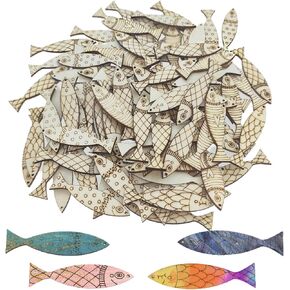 Jaczora 200PCS Wooden Fish Cutouts DIY Craft, Unfinished Mini Fish Shape Wood Slices, Fish Shaped Wood Cut Out Wood Craft Supplies for Wood Crafts with Hemp Rope, Animals Hanging Ornaments