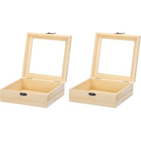 MECCANIXITY Unfinished Wooden Display Box with Hinged Lid,7.1"x7.1"x2.8" Small Wood Keepsake Storage Box with Glass Lid for DIY Craft Collectibles Jewelry Gift Home Decorations,2Pcs Beige