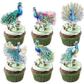 Peacock Dessert Cupcake Topper Cheer to Zoo Bird Peacock Theme Decorations Supplies Happy Birthday Party Decor set 18pcs Green Glitter