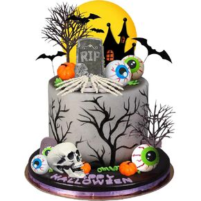 Halloween Cake Toppers Tombstone Moon Cake Topper Pumpkin Skull Head Eyeballs Skeleton Hands Cake Decorations For Trick-or-Treat Halloween Party Supplies (Style 01)