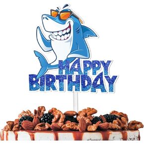 Blue Glitter Handsome Shark Happy Birthday Cake Topper Ocean Animals Shark Theme Decorations Men Women Kids Happy Birthday Party Decor Supplies