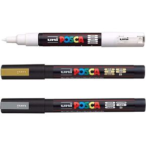 Posca PC-3M Paint Marker Pens - Glass Metal Pen - Set of White, Gold and Silver