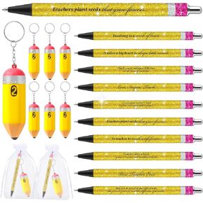 10 Set Teacher Appreciation Gifts Pens Bulk 10 Teacher Ballpoint Pens 10 Pencil Shaped Stress Balls Teacher Keychains 10 Organza Bags Teaching Gift Set for Office School Coworker Christmas