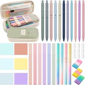 Harloon 40 Pcs Aesthetic School Supplies Includes Big Capacity Pencil Case Pastel Highlighter Quick Dry Ink Pen Mechanical Pencil Pencil Refill Clear Sticky Note 3 Erasers 9 Eraser Refills (Blue)