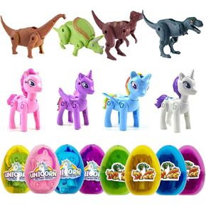 Pinkiwine 8 Pack Jumbo Unicorn & Dinosaur Deformation Eggs Prefilled Plastic Easter Eggs with Toys Inside for Kids Boys Girls Toddlers Easter Basket Stuffers Gifts Fillers Party Favors