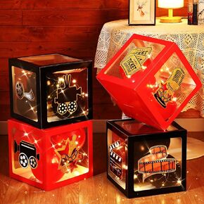 42 Pcs Movie Night Party Decorations Include 4 Movie Night Balloon Boxes 20 Red Black Balloons 4 LED Lights 12 Movie Night Cutouts with 2 Adhesive Dots for Movie Night Party