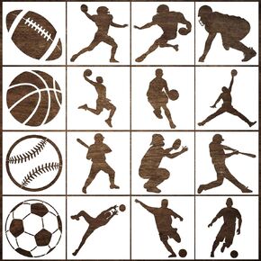 Sports Stencils, 16 Pcs Sports Ball Stencils, Football Basketball Soccer Baseball, Reusable Plastic Template for Painting on Wood Drawings Woodburning Canvas DIY Decor 6"x6"