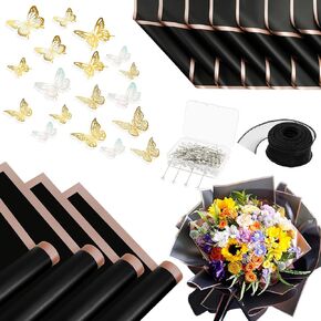 Faswyong 181 Pcs Flower Wrapping Paper Set, 20 Waterproof Floral Bouquet Wrapping Paper, 60 3D Gold Butterfly Decorations, 100 Flower Pins and 1 Ribbons for Flower Shops, Wedding Baby Shower