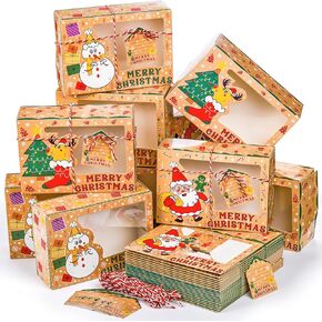 Elsjoy 30 Pack Christmas Cookie Boxes with Window, Christmas Treat Boxes Paper Candy Box with Christmas Tags & Ribbons, Xmas Treat Container Bakery Dessert Boxes for Cupcake, Donut, Party Favor