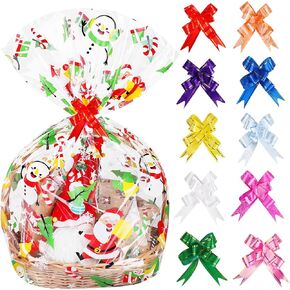 LOKIPA 10PCS Christmas Basket Bags, Large Christmas Basket Cellophane Bags with 10 PCS Colorful Pull Bow for Gifts Baskets Christmas Party Favor Supplies(35.4X23.6 Inches)