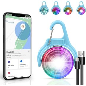 Dog Collar Light, 4 Modes Dog Walking Lights for Night Walking with Integrated Find Me Feature Clip On for iPhone, IP68 Waterproof Rechargeable Safety Light for Running, Cycling, Camping, Blue