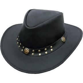 Leather Cowboy Hat for Men Women Western Australian Outback Hat with Shapeable Wide Brim, Brown Aussie Style Leather Hat