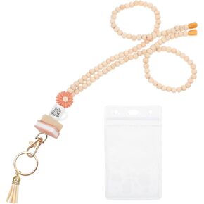 Wooden Beaded Lanyard, Teacher Lanyard with ID Holder Portable Boho Keychain Breakaway Lanyard for Women ID Badge Holders Badge Reel Keys Eyeglass Chains