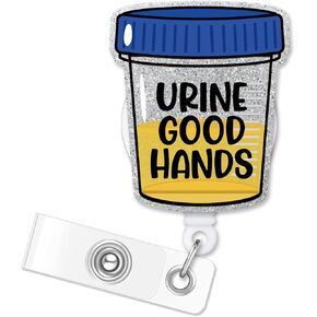 ERHACHAIJIA Urine Good Hands Retractable Glitter Badge Reel with Alligator Clip, Funny Urine Specimen ID Card Badge Holder Gift for Nurses Doctors Urology Dialysis Tech Urologist Nephrology