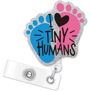 ERHACHAIJIA I Love Tiny Humans Retractable Silver Glitter Badge Reel with Clip, Funny Baby Feet ID Card Badge Holder Gift for Nurses Doctor RN EN L&D OB Labor Delivery NICU Nurse, Nurse Day Gift
