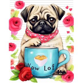 pigpigboss Pug Diamond Painting Set Full Round Coffee Cup and Pug Diamond Painting Kit Rose Heart Pug Diamond Dots for Adult Home Decor Art (12 X 16 Inches)