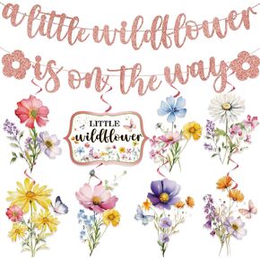 Cocomigo Wildflower Baby Shower Decorations Banner Hanging Swirls, 17pcs Floral Baby Shower Decorations for A Little Wildflower is on Her Way Baby Shower, Flower Baby Shower Decorations Rose Gold
