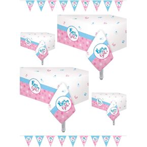 Oojami 4 Pack Gender Reveal Theme Plastic Table Cover Size: 54" x 108" Includes Two Pennant Banner Boy or Girl Party Supplies