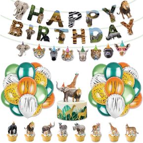 56Pieces Safari Animals Birthday Party Decorations Include Animals Birthday Banner Jungle Balloons Cupcake Toppers for Boys Girls Wild Jungle Theme Decorations Safari Theme birthday Decorations