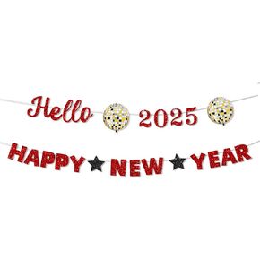 Glitter Hello 2025 Happy New Year Banner Decorations Red New Years Eve Banner Sign Party Supplies 2025 Happy New Year for Happy New Year Decorations Party Supplies 2025 Home Holiday Decorations
