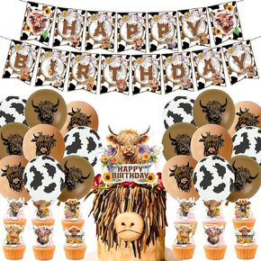 Highland Cows Birthday Decorations - Highland Cow Party Decorations Supplies 33 Packs with Happy Birthday Banner, Cake Topper, Ballons, Cupcake Toppers for Men Women Girl Boy