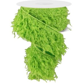 Wired Faux Feather Furry Monster Ribbon for Christmas Holiday Decorations, Floral Arrangements, Trees, Garlands, Gift Wrap, Bows, Crafts, Halloween Costumes (Lime Green, 2.5" x 10 Yards)