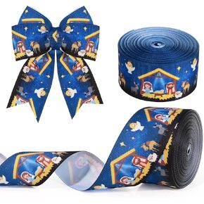 1.5 بوصة 10 ياردة عيد الميلاد المهد Grosgrain الشريط الأزرق الذهب ليلة المقدسة الشريط المطبوع لتغليف الهدايا القوس صنع استحمام الطفل حفلة عيد ميلاد DIY الحرفية in Kuwait