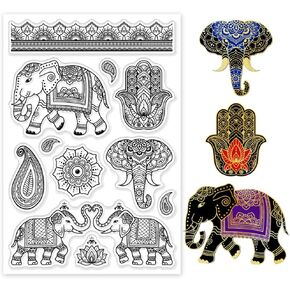 GLOBLELAND Indian Elephant Clear Stamps for DIY Scrapbooking Paisley Hamsa Pattern Silicone Stamp Seals Transparent Stamp for Cards Making Photo Album Journal Home Decoration 6.3×4.33inch