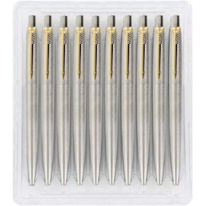 Parker 10x Jotter Stainless Steel GT Gold Trim Ball Pen,Black Ink,Medium Point (Tray of 10)