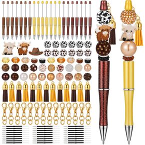 Yeaqee 24 Sets/142 Pcs Highland Cow Beadable Pens Bulk Western Cowboy Bead Pens with 60 Pcs Assorted Colors Beads Pen DIY Making Kit Multicolor Ballpoint Pen Black Ink for Kids Students Office School