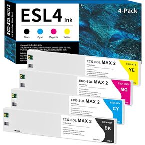 Compatible for Roland ECO-SOL MAX 2 Ink Cartridge 440ml, ESL4 Ink Cartridges ESL4-4CY ESL4-4MG ESL4-4YE ESL4-4BK Ink Cartridges 4-Pack (Black, Cyan, Magenta, Yellow)