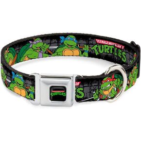 Buckle-Down Seatbelt Buckle Dog Collar - Classic TMNT Group Pose4 in Sewer/TMNT Logo - 1" Wide - Fits 11-17" Neck - Medium