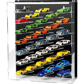 Display Case for Hot Wheels with Lights and Acrylic Cover Hot Wheels Display Case Wall Mount & Desktop 1/64 Car Display Case Storage Case Hold 33 Cars Storage Case for Hot Wheels (Black Backboard)