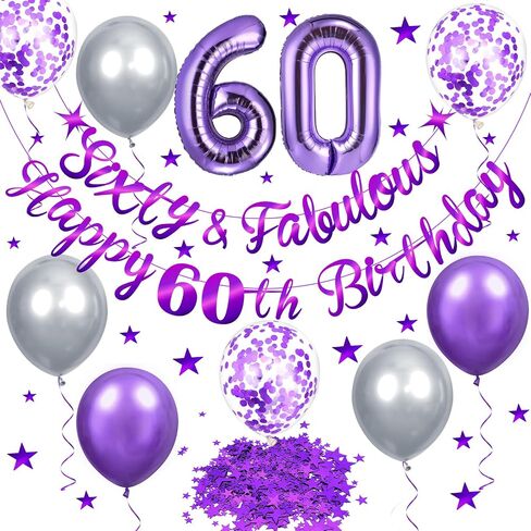 الأرجواني زينة عيد الميلاد الستين الأرجواني الفضة ستين ورائع عيد ميلاد سعيد 60 بالونات اللاتكس عدد 60 احباط بالون الجدول قصاصات الورق ديكور للنساء عيد ميلاد 60 لوازم الحفلات in Kuwait