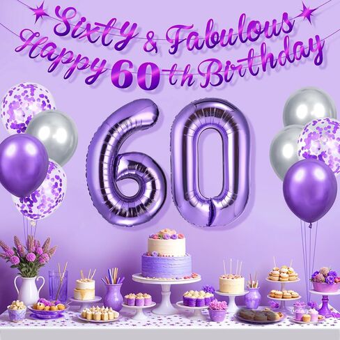 الأرجواني زينة عيد الميلاد الستين الأرجواني الفضة ستين ورائع عيد ميلاد سعيد 60 بالونات اللاتكس عدد 60 احباط بالون الجدول قصاصات الورق ديكور للنساء عيد ميلاد 60 لوازم الحفلات in Kuwait