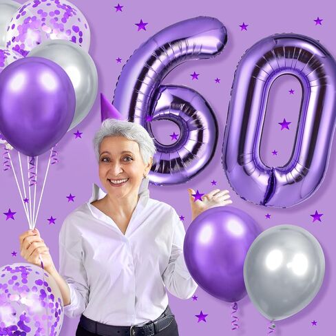 الأرجواني زينة عيد الميلاد الستين الأرجواني الفضة ستين ورائع عيد ميلاد سعيد 60 بالونات اللاتكس عدد 60 احباط بالون الجدول قصاصات الورق ديكور للنساء عيد ميلاد 60 لوازم الحفلات in Kuwait