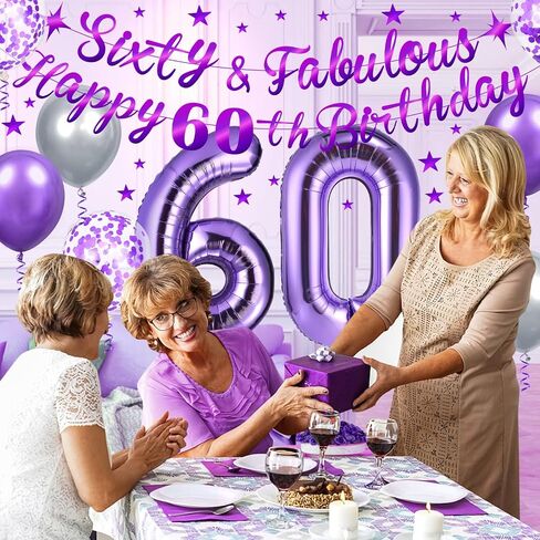 الأرجواني زينة عيد الميلاد الستين الأرجواني الفضة ستين ورائع عيد ميلاد سعيد 60 بالونات اللاتكس عدد 60 احباط بالون الجدول قصاصات الورق ديكور للنساء عيد ميلاد 60 لوازم الحفلات in Kuwait