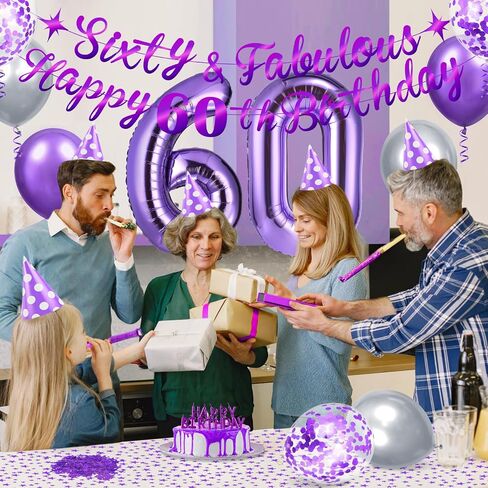 الأرجواني زينة عيد الميلاد الستين الأرجواني الفضة ستين ورائع عيد ميلاد سعيد 60 بالونات اللاتكس عدد 60 احباط بالون الجدول قصاصات الورق ديكور للنساء عيد ميلاد 60 لوازم الحفلات in Kuwait