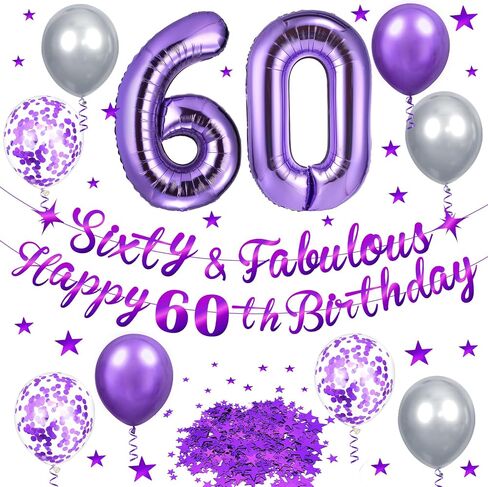 الأرجواني زينة عيد الميلاد الستين الأرجواني الفضة ستين ورائع عيد ميلاد سعيد 60 بالونات اللاتكس عدد 60 احباط بالون الجدول قصاصات الورق ديكور للنساء عيد ميلاد 60 لوازم الحفلات in Kuwait