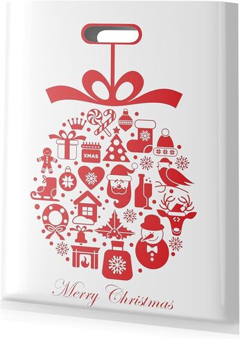 MeFacys Christmas Gift Bags 50 Pcs 9x12 Inch Xmas Shopping bags for Boutique, Plastic White Red Retail Bags with Merry Christmas Pattern for Wrapping Holiday Presents Party Favor Bags in Saudi Arabia