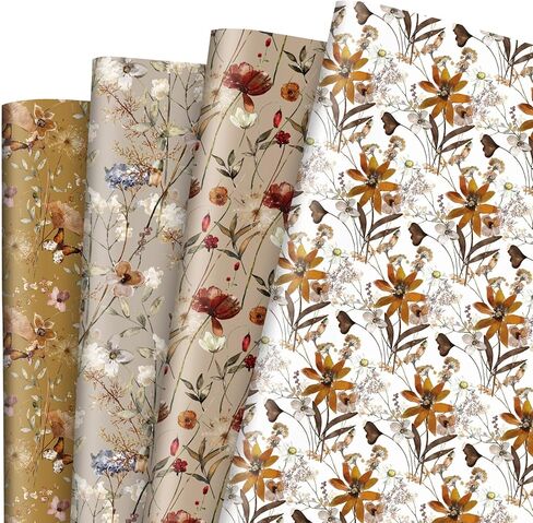 ورق تغليف زهور عتيق من AnyDesign ورق تغليف هدايا زهور برية بنية اللون، ورق فني لزهرة المرج السائبة لحفلات الزفاف وأعياد الميلاد والخريف DIY لتغليف الهدايا اليدوية، 19.7 × 27.6 بوصة، مسطحة مطوية، 12 ورقة in Kuwait