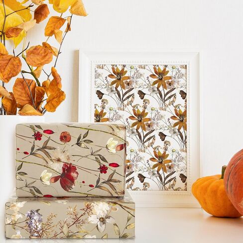 ورق تغليف زهور عتيق من AnyDesign ورق تغليف هدايا زهور برية بنية اللون، ورق فني لزهرة المرج السائبة لحفلات الزفاف وأعياد الميلاد والخريف DIY لتغليف الهدايا اليدوية، 19.7 × 27.6 بوصة، مسطحة مطوية، 12 ورقة in Kuwait