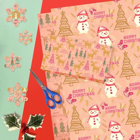 12 ورقة ورق تغليف عيد الميلاد الوردي - مجموعة تغليف هدايا العطلة مع كرة كريستالية، تصميمات سانتا ورجل الثلج للغابات الخضراء لهدايا عيد الميلاد، لوازم تغليف موسمية مطوية للأطفال، 19.7 بوصة × 27.6 بوصة in Kuwait
