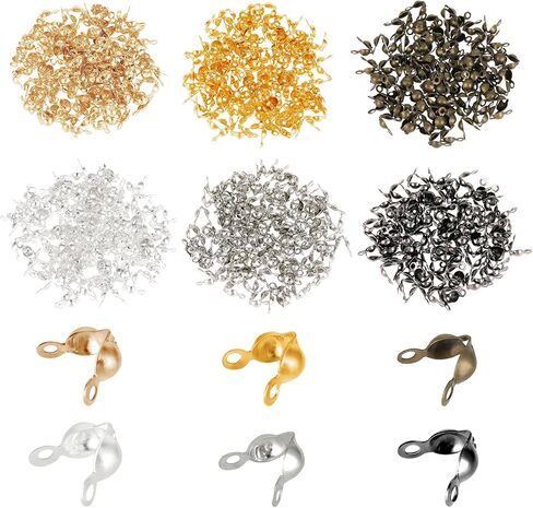 600 Pieces Crimp Beads Calotte Ends Knot Covers, 6 Colors Metal Plated Clamshell Fold-Over Bead Tips Endcaps for DIY Jewelry Making, Bracelet & Necklace Supplies in Saudi Arabia