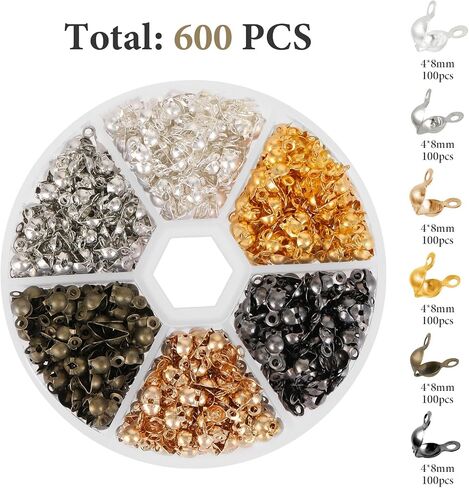 600 Pieces Crimp Beads Calotte Ends Knot Covers, 6 Colors Metal Plated Clamshell Fold-Over Bead Tips Endcaps for DIY Jewelry Making, Bracelet & Necklace Supplies in Saudi Arabia