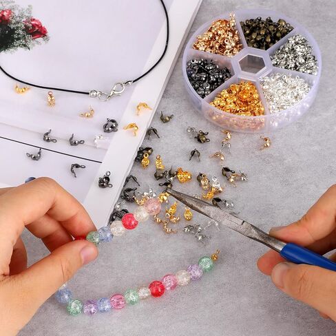 600 Pieces Crimp Beads Calotte Ends Knot Covers, 6 Colors Metal Plated Clamshell Fold-Over Bead Tips Endcaps for DIY Jewelry Making, Bracelet & Necklace Supplies in Saudi Arabia