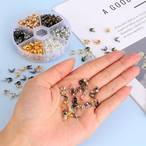 600 Pieces Crimp Beads Calotte Ends Knot Covers, 6 Colors Metal Plated Clamshell Fold-Over Bead Tips Endcaps for DIY Jewelry Making, Bracelet & Necklace Supplies in Saudi Arabia