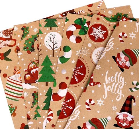 ورق تغليف مسطح لعيد الميلاد من SULOLI Kraft، 12 ورقة من ورق الكرافت المطوية مع عناصر سيارة شجرة عيد الميلاد الرنة من سانتا ثلج (27 × 20 بوصة) in Kuwait