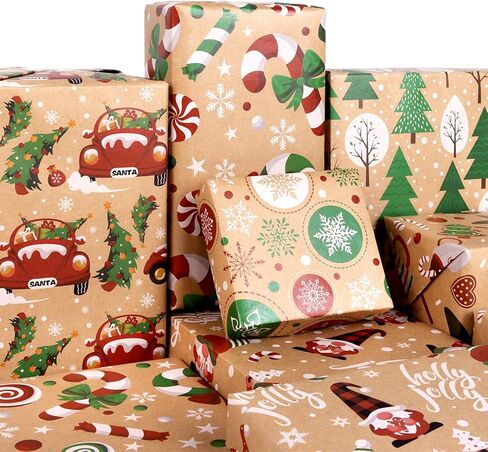 ورق تغليف مسطح لعيد الميلاد من SULOLI Kraft، 12 ورقة من ورق الكرافت المطوية مع عناصر سيارة شجرة عيد الميلاد الرنة من سانتا ثلج (27 × 20 بوصة) in Kuwait