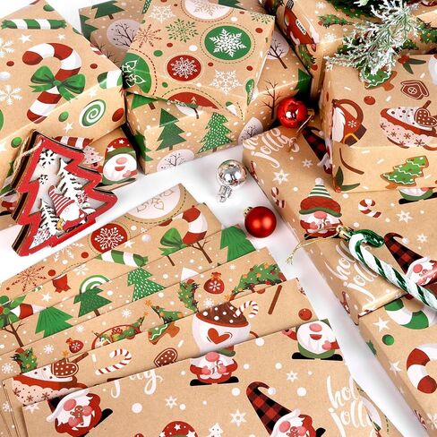 ورق تغليف مسطح لعيد الميلاد من SULOLI Kraft، 12 ورقة من ورق الكرافت المطوية مع عناصر سيارة شجرة عيد الميلاد الرنة من سانتا ثلج (27 × 20 بوصة) in Kuwait
